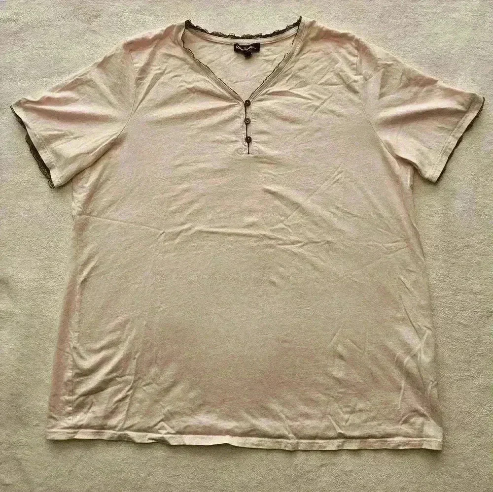 Ulla Popken Pale Pink Cotton Gray Lace Short Sleeve V Neck Pajama Top 16/18 EUC